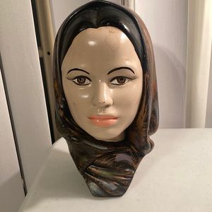 Vintage Ceramic Bust Brunette Woman with Head Scarf
